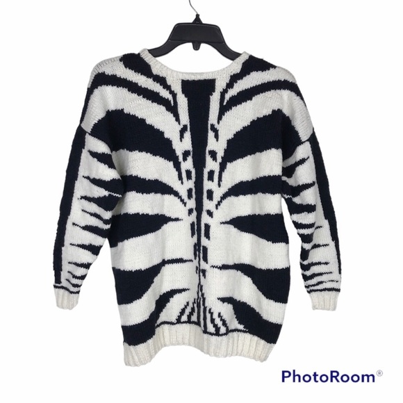 Hand Knit Black White Zebra Sweater - Picture 4 of 10